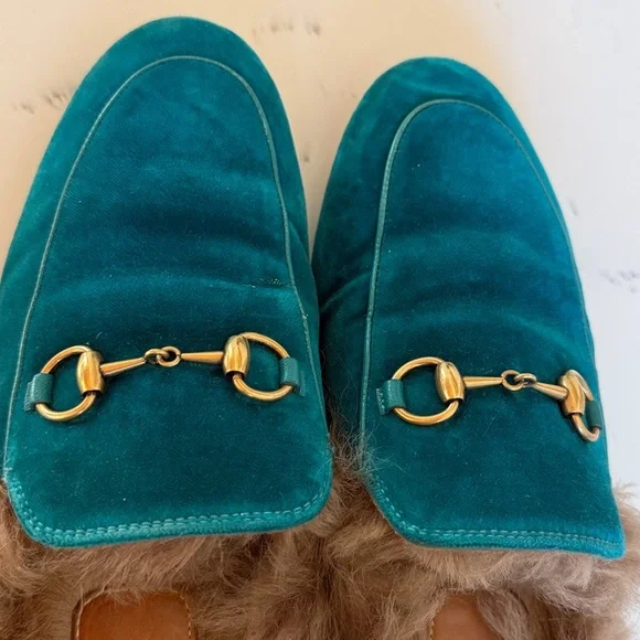 Gucci Princetown Fur Mules Color Teal Velvet Horsebit Slides Womens Size 36.5 - Picture 12 of 16